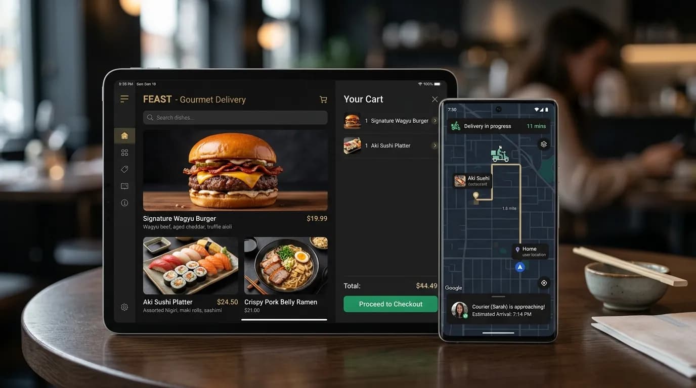 Food Ordering and Delivery Tracking Mobile App Interface on Smartphone