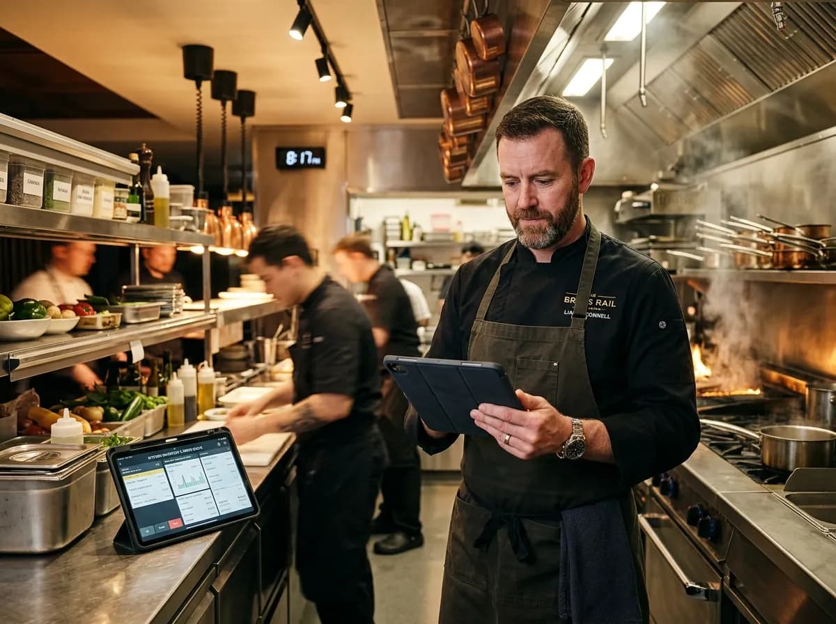 Executive Chef Managing Kitchen Orders and Inventory with Digital Tablet