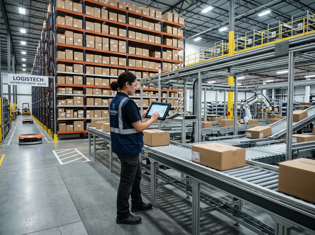 Logistics Operations Director Inspecting Automated Warehouse with Digital Tablet