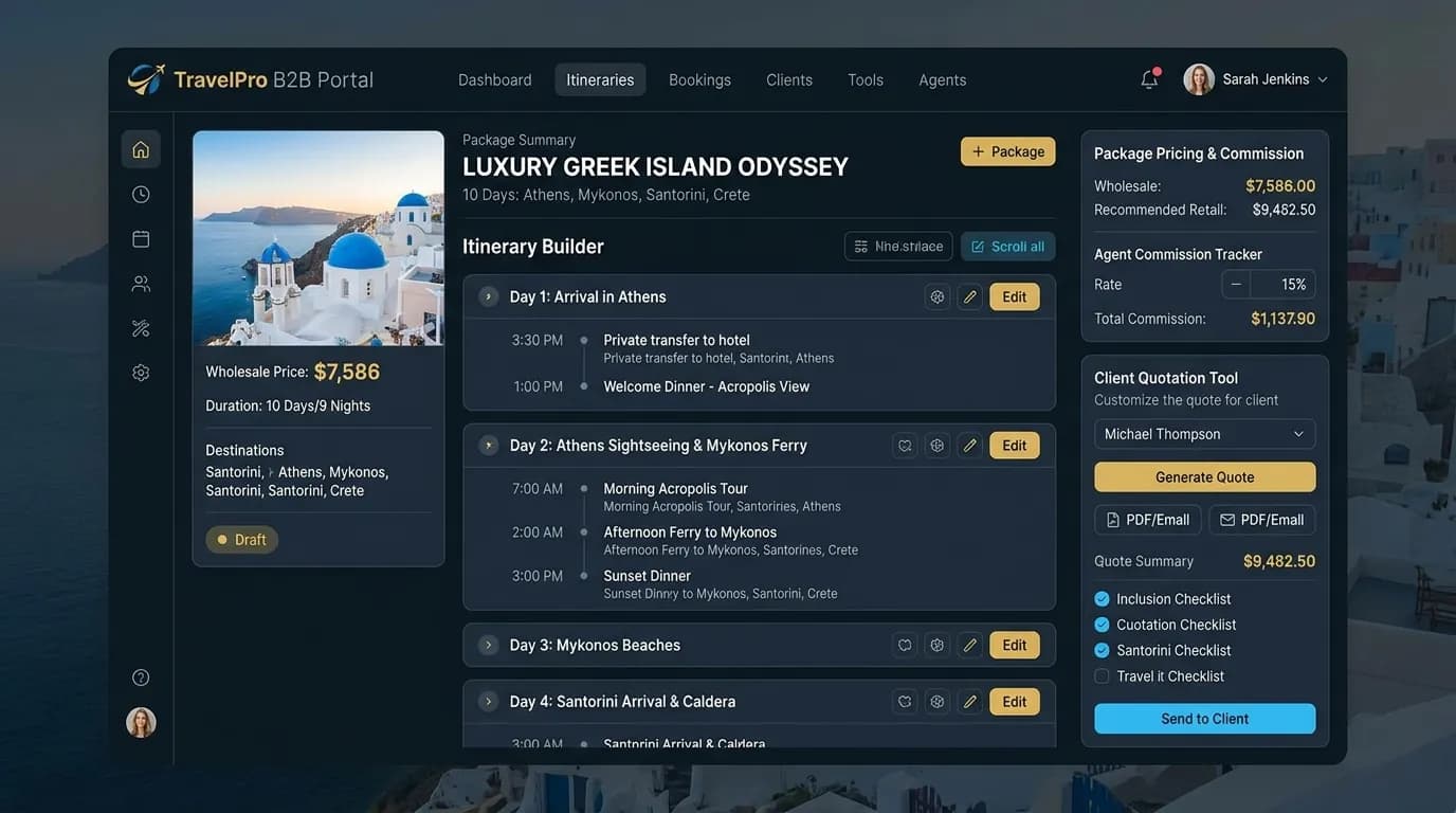 B2B Travel Agent Itinerary Builder and Dashboard Interface