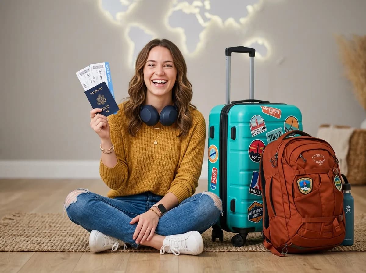 Happy Traveler with Passport and Luggage