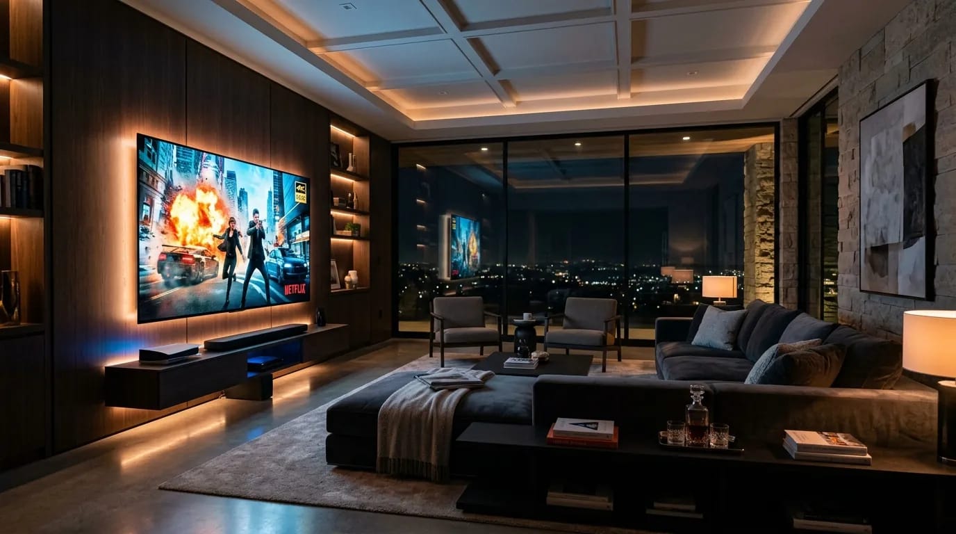 Cinematic 4K Smart TV Video Streaming in Modern Living Room