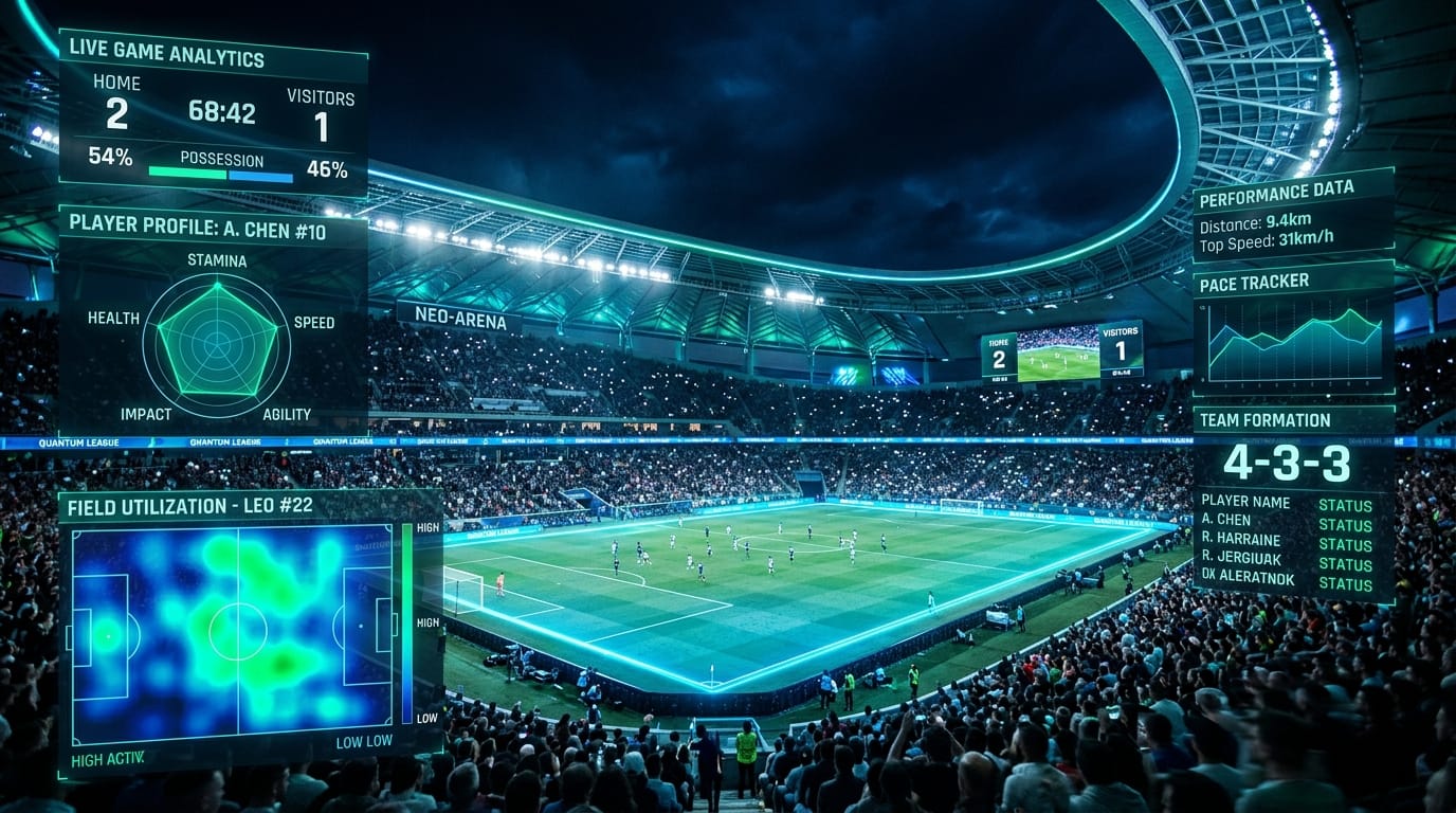 High-Tech Sports Arena with Holographic Biometric Telemetry & Dynamic Lighting