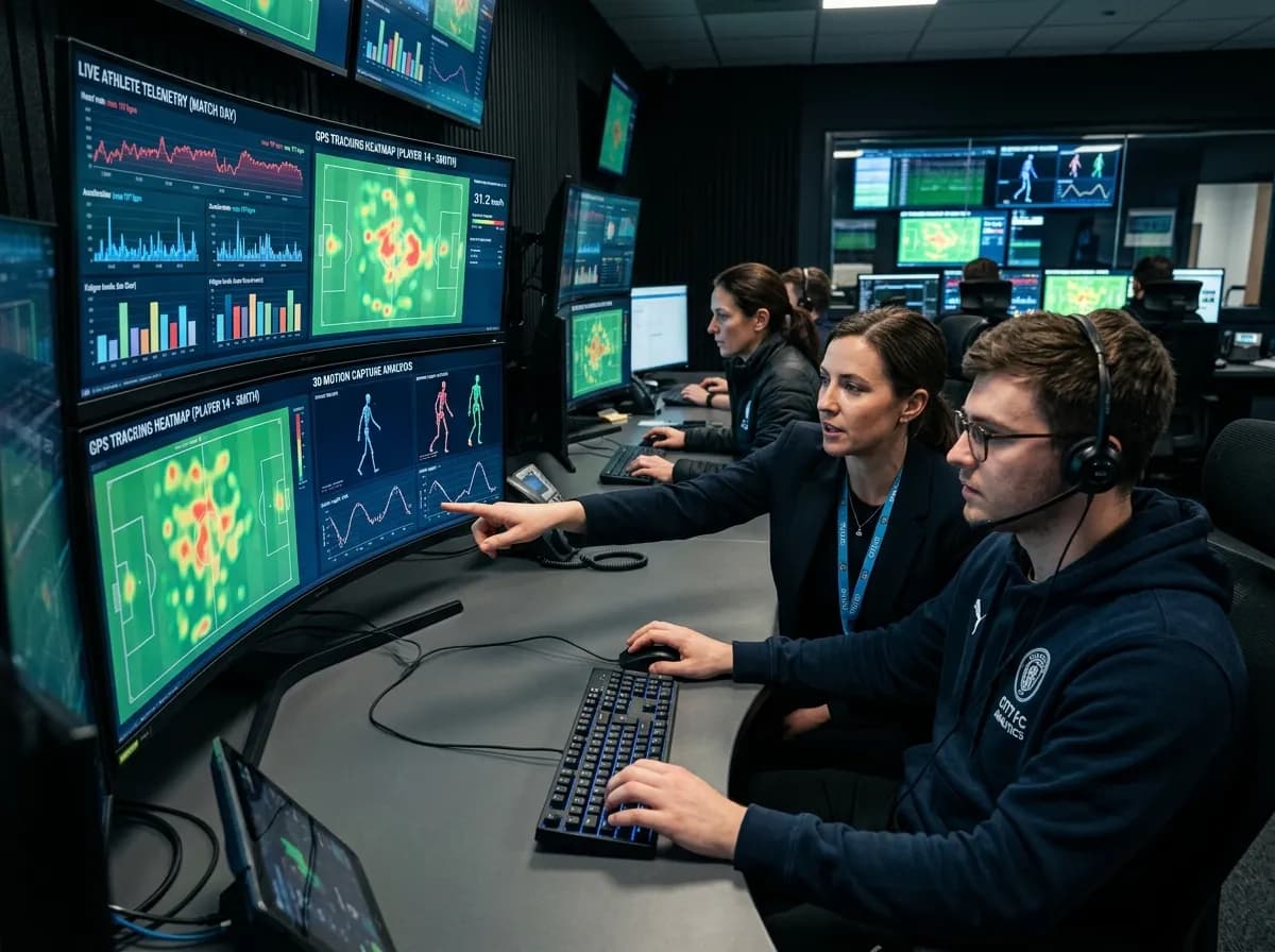 Sports Analytics Director and Coaching Staff Reviewing Live Tactical Biometric Heatmaps