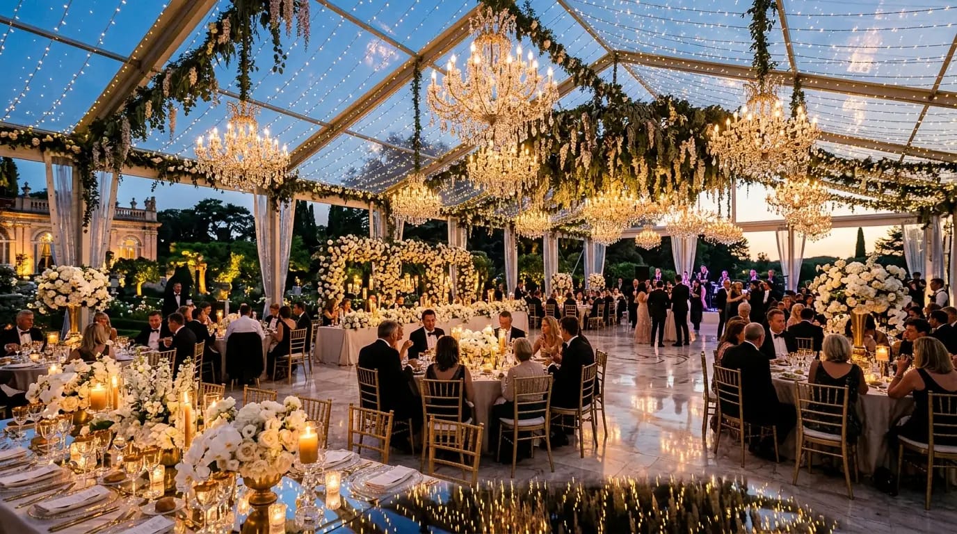 Luxury Wedding Gala Ballroom with Ambient Floral Chandeliers